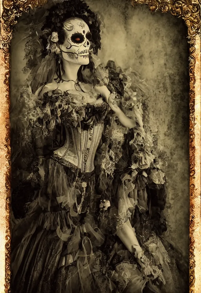 Prompt: tintype full body view, woman veiled dia de muertos dress and make up, corset garters and stockings, horrific beautiful vibe, evocative, atmospheric lighting, painted, intricate, highly detailed,