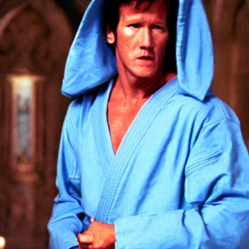 Prompt: linden ashby as a martial artist wearing a light blue hood in a dark medieval castle, 1 9 9 1, movie still