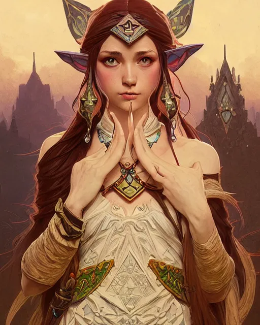 Image similar to legend of Zelda art nouveau, D&D, fantasy, intricate, elegant, highly detailed, digital painting, artstation, concept art, matte, sharp focus, illustration, hearthstone, art by Artgerm and Greg Rutkowski and Alphonse Mucha