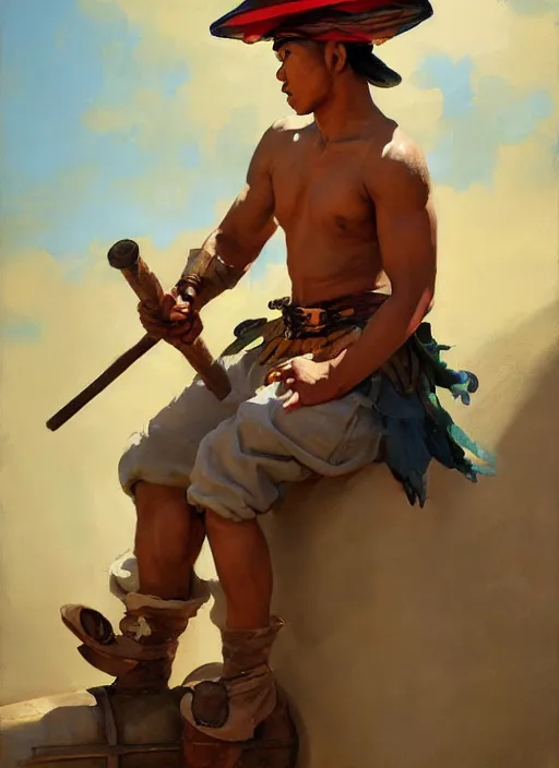 Image similar to greg manchess side portrait of a filipino fighter wearing a jester hat sitting on a tank holding a staff, organic painting, sunny day, matte painting, bold shapes, hard edges, street art, trending on artstation, by huang guangjian, gil elvgren, ruan jia, randy vargas, greg rutkowski