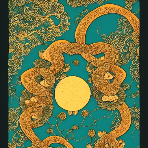 Prompt: dark teal paper with intricate designs, tarot card, a fractal southeast asian buddha statue full of golden layers, flowers, cloud, vines, mushrooms, swirles, curves, wave, by hokusai and mike mignola, trending on artstation, elaborate dark red ink illustration