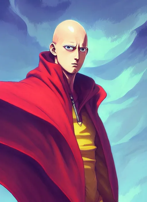 Image similar to handsome saitama, epic cape, half body shot, path traced, highly detailed, high quality, digital painting, alena aenami, lilia alvarado, shinji aramaki, karol bak, alphonse mucha, tom bagshaw