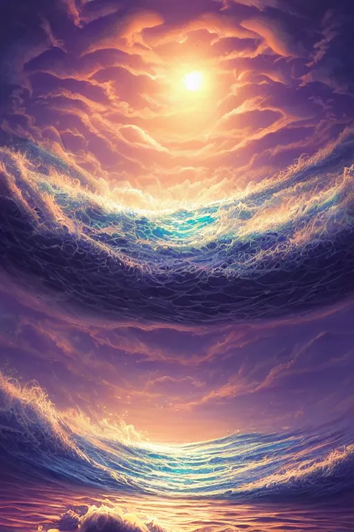 Prompt: beautiful painting of magic and night scape in the ocean with waves and gorgeous sky, inspired by Cyril Rolando, David Wiesner, ornate, intricate, emitting light ornaments, trending on artstation, volumetric lighting, CGsociety vivid colors