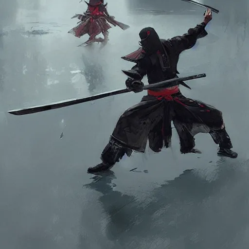 Image similar to samurai duel, paint by greg rutkowski