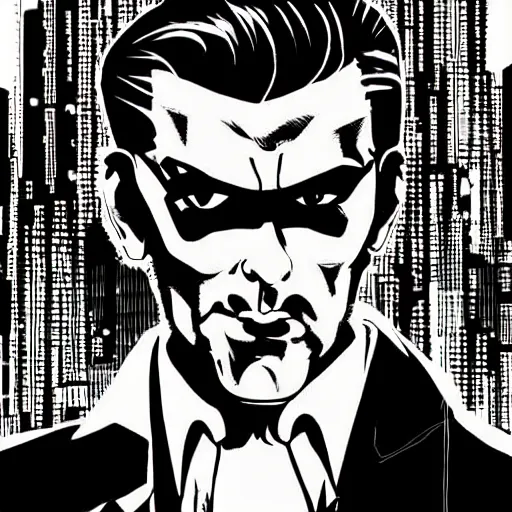 Prompt: a cyberpunk mafia boss with slicked back hair, in a cyberpunk setting, comic book art, cyberpunk, art by stan lee, pen drawing, inked, colorful, bright high tech lights, dark, moody, dramatic, deep shadows, marvel comics, dc comics