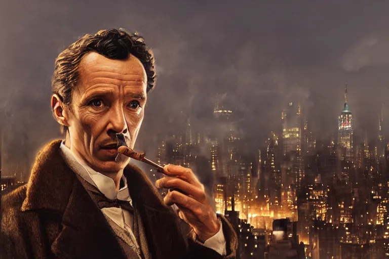 Prompt: beautiful face, portrait profile sherlock holmes tobacco pipe on a perch facing the city at night, smoke rising from pipe, smooth, focus, highly detailed, hyper realistic, dramatic lighting, intricate, concept art, new york skyline, looking down, movie still, art by wlop, greg rutowski, artstation