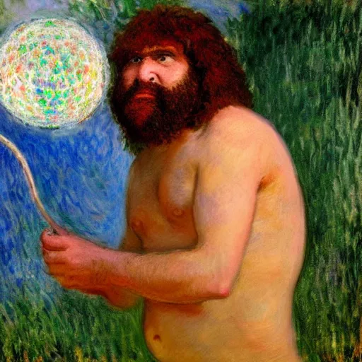 Prompt: caveman with a tinfoil hat, divination ball, portrait by monet