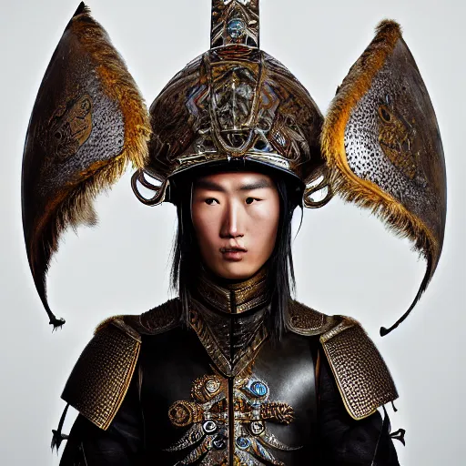 Image similar to a portrait of a beautiful young mongolian male wearing an alexander mcqueen armor , photographed by andrew thomas huang, artistic