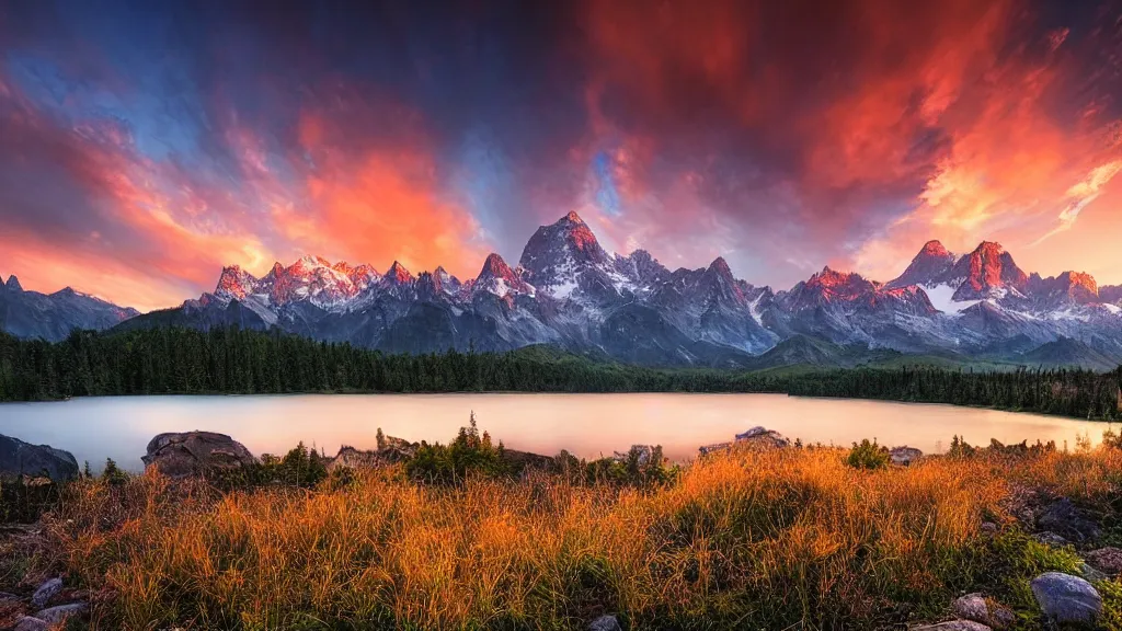 Image similar to amazing landscape photo of mountains with lake in sunset by marc adamus, beautiful dramatic lighting