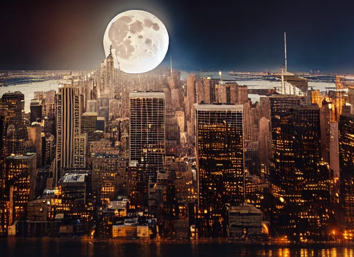 Image similar to film still of the moon shattering into pieces over manhatten in the new disaster movie, 8 k, night time