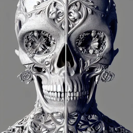 Image similar to beatifull frontal face portrait of a skull woman, 150 mm, anatomical, flesh, flowers, mandelbrot fractal, facial muscles, veins, arteries, symmetric, intricate, microscopic, elegant, highly detailed, ornate, ornament, sculpture, elegant , luxury, beautifully lit, ray trace, octane render in the style of peter Gric and alex grey