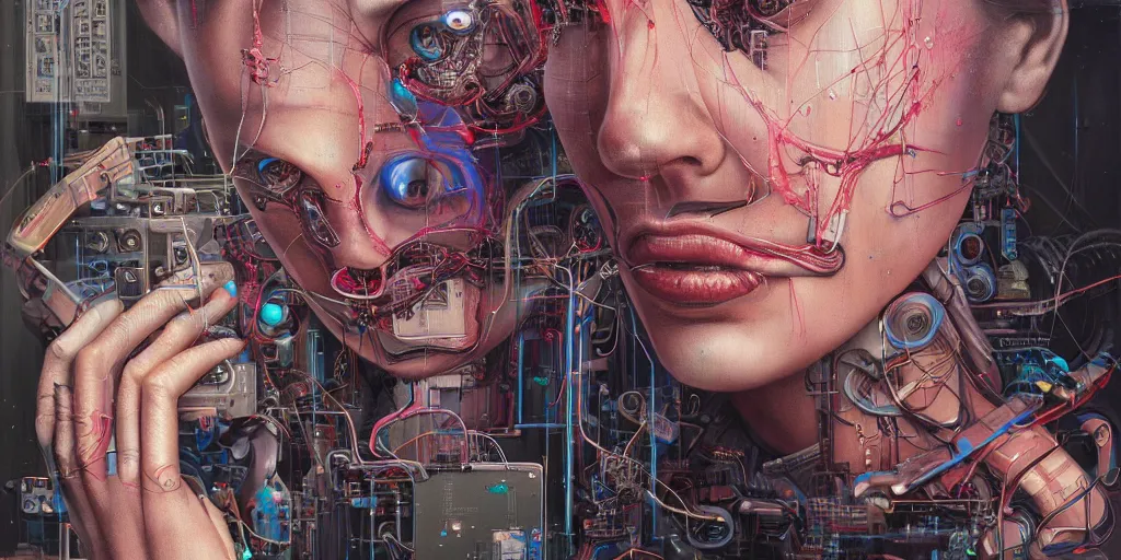 Image similar to portrait of computer & circuits, 8 k, by tristan eaton, stanley artgermm, tom bagshaw, greg rutkowski, carne griffiths, ayami kojima, beksinski, giger, trending on deviantart, face enhance, hyper detailed, minimalist, cybernetic, android, blade runner, full of colour, super detailed