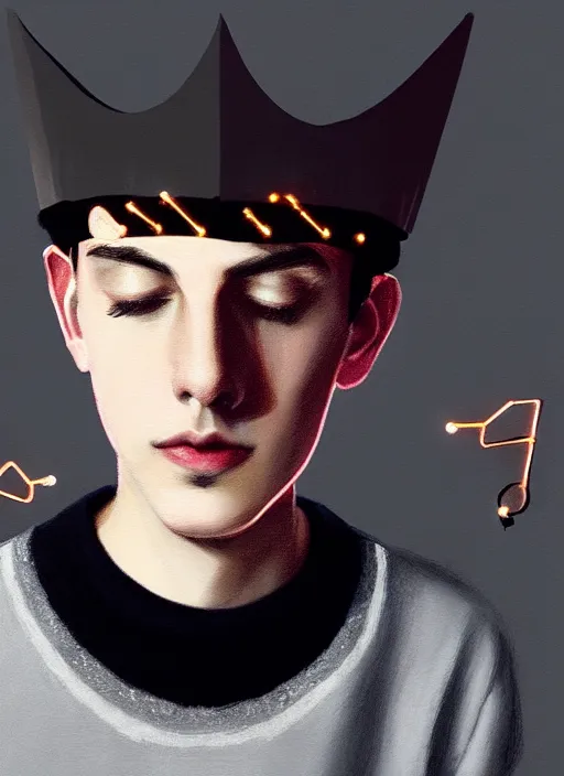 Image similar to portrait of teenage jughead jones wearing a light grey crown, photorealistic, crown, eyes closed, crown, black hair, sweater with letter s on it, letter s, intricate, elegant, glowing lights, highly detailed, digital painting, artstation, concept art, smooth, sharp focus, illustration, art by wlop, mars ravelo and greg rutkowski