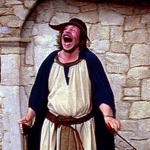 Prompt: laughing medieval peasant reaction image, movie still