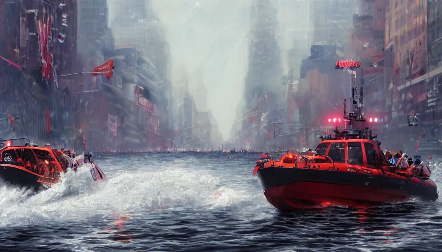 Image similar to rescue boat crossing new york streets after a tsunami, hyperdetailed, artstation, cgsociety, 8 k