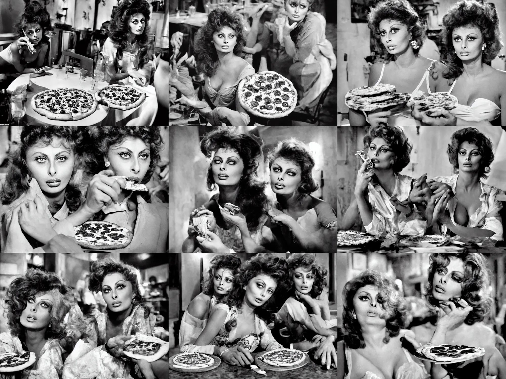 Prompt: sharing a pizza margherita, young sophia loren, movie star, queen margherita of savoy, beautiful, stunning, smooth lighting, exquisit detail, masterpiece, timeless, historical photo by letizia battaglia