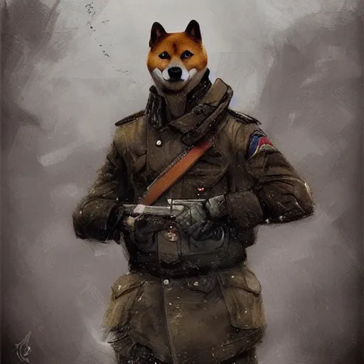 Prompt: portrait of a communist shiba inu dog as a soviet officer, tragic, elegant, fantasy, hd shot, digital portrait, beautiful, artstation, comic style, by artgerm, guy denning, jakub rozalski, magali villeneuve and charlie bowater