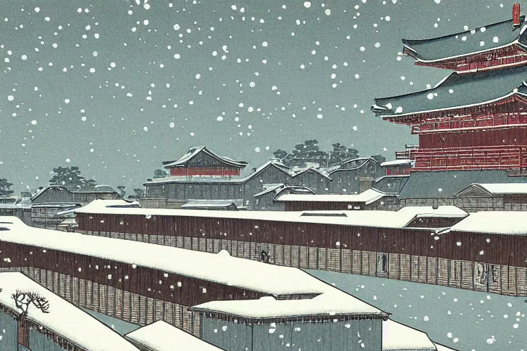 Prompt: Edo period,snowy day, Kawase Hasui