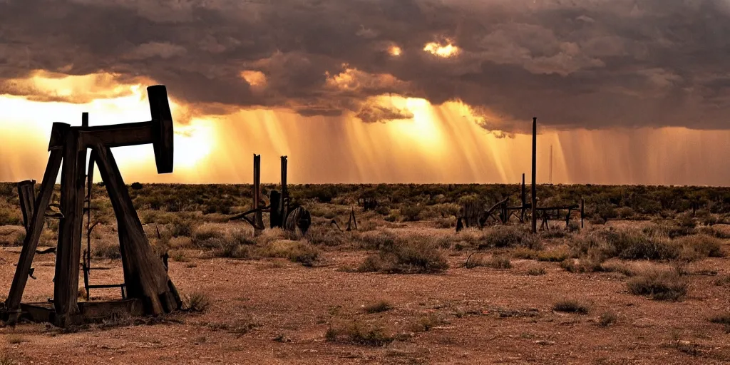 Prompt: photo of a stormy west texas sunset, perfect rustic ( ( pumpjack ) ), film photography, lightning, golden hour, high quality, beautiful!!!