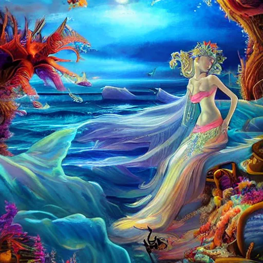 Image similar to musical sea goddess lulling pirates to sleep, beautiful composition, wide angle, colorful, cinematic, volumetric lighting, intricate details painting