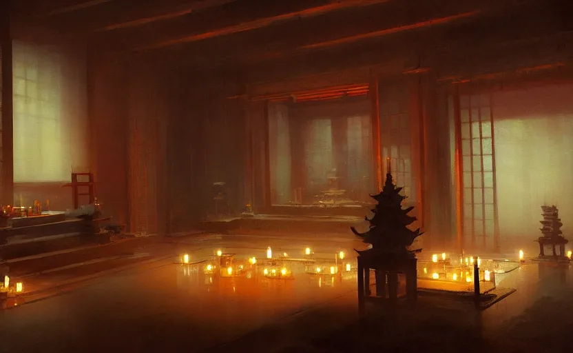 Image similar to painting of an interior Japanese temple with candles by Greg Rutkowski and Craig Mullins, Dark atmospheric sad and cinematic lighting, Trending on artstation