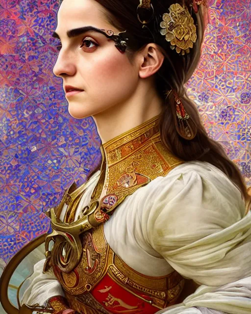 Image similar to portrait of a turkish masculine female emma watson cyberpunk machine, machine face, upper half portrait, decorated with ottoman opera motifs, muscular, asian, fine china, wuxia, traditional chinese art, intricate intense elegant, highly detailed symmetry headpiece digital painting artstation concept art smooth sharp focus illustration, art by artgerm and greg rutkowski alphonse mucha 8 k