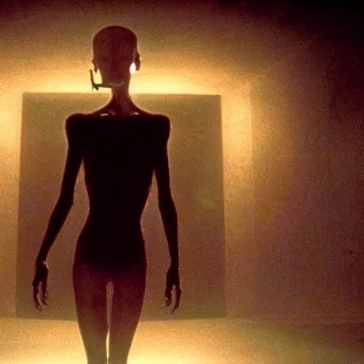 Image similar to movie still of the alien girl, cinematic composition, cinematic light, by david lynch and guillermo del toro