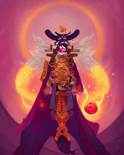 Image similar to a character portrait of only one male angel samurai with golden fiery wings, surrounded with spiriling sparkling rose crystals and galaxies, by peter mohrbacher, hyper light drifter, ukiyo - e trending on artstation