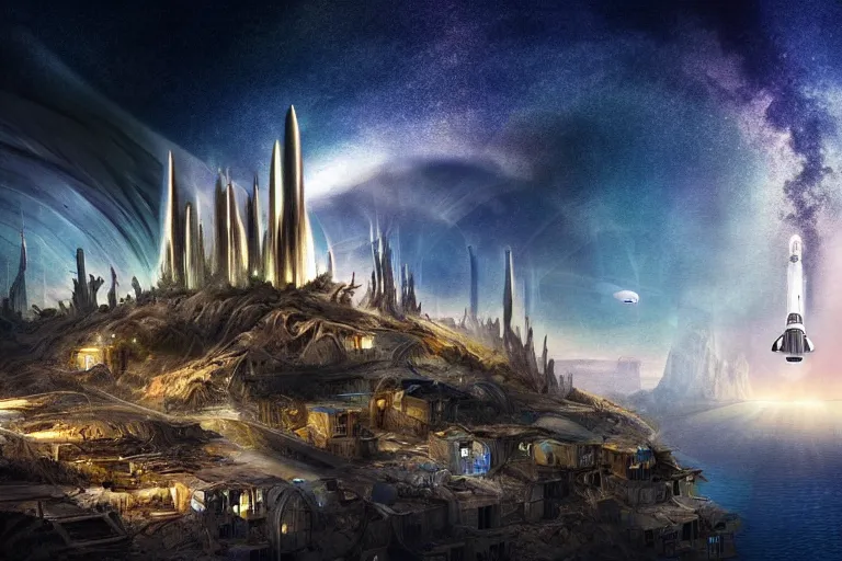 Image similar to favela spaceship cathedral tornado, underwater desert environment, industrial factory, cliffs, peaks, bright, milky way, award winning art, epic dreamlike fantasy landscape, ultra realistic,