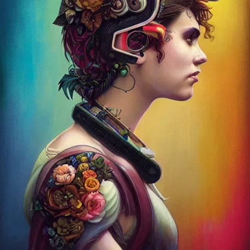 Image similar to Lofi cyberpunk portrait beautiful woman with short brown curly hair, roman face, unicorn, rainbow, floral, Tristan Eaton, Stanley Artgerm, Tom Bagshaw