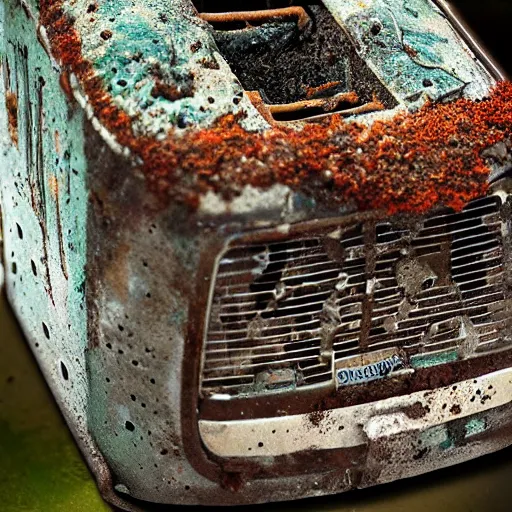 Prompt: an ancient toaster covered in detritus rust and moss after spending a century on abandoned earth