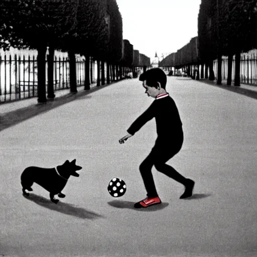 Image similar to a french boy on the streets of paris playing football against a corgi, the dog is wearing a polka dot scarf, book illustration, 1 9 6 6