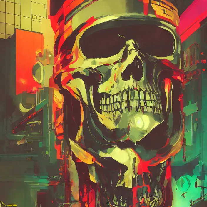 Image similar to a colorful comic noir illustration painting of a cyberpunk skull by sachin teng and sergey kolesov and sam yang and heng z. hyper detailed. octane render. trending on artstation