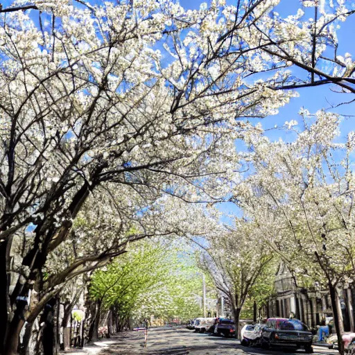 Image similar to This morning, all up and down the streets, what looks like every Callery Pear tree on the Upper West Side has popped overnight into clusters of white pear blossoms.