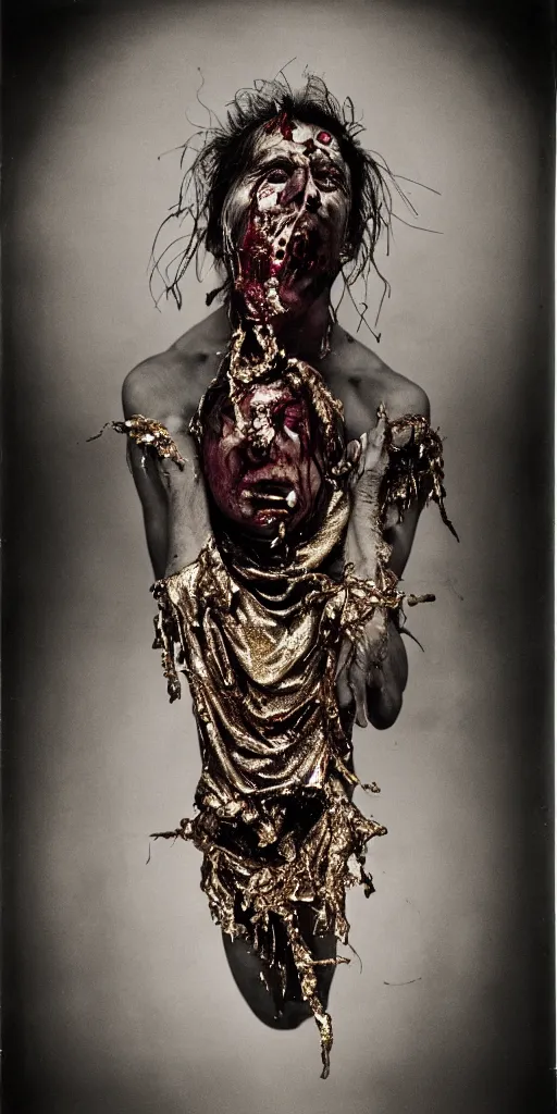 Prompt: award winning photo of ritualistic deformed down syndrome man draped in shiny gold and silver, puking blood, eyes wide open, rotten flesh, india tika third eye, evil cult, mysticism, vivid colors, weird and disturbing, symmetrical face, grape hyacinth, blue delphinium, studio lighting, wide shot art by sally mann & arnold newman