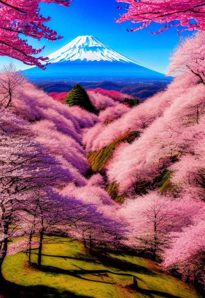 Prompt: a real photographic landscape painting with incomparable reality, wide angle, in forest, flowers, cherry blossom tree in full bloom, bright style, mount fuji, clearing, 8 k, magnificent, artstation