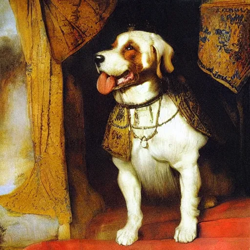 Prompt: white and brown dog (kooiker) depicted as a king, oil on canvas by Rembrandt