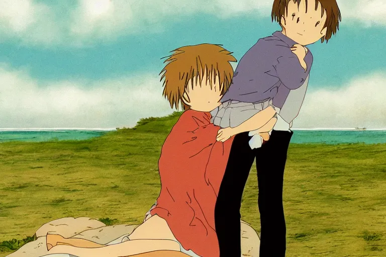 Image similar to a man hugging his beautiful wife by the beach, studio ghibli