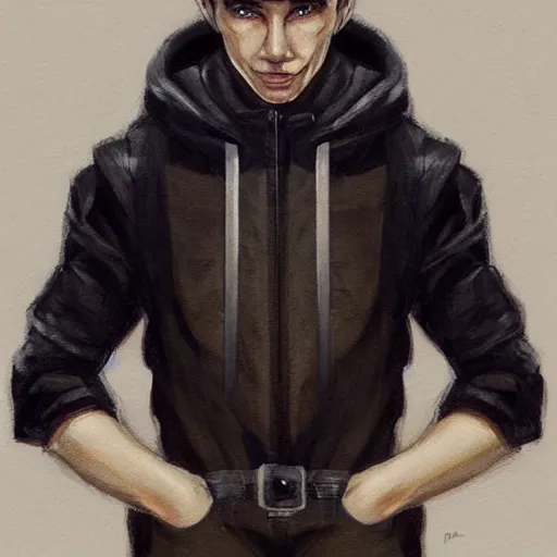 Prompt: portrait of a man by Artgerm, he is about 30 years old, short black hair with bangs, his features are a mix between French, Turkish and Russian and he is wearing a beige and black utility jumpsuit, highly detailed portrait, digital painting, artstation, concept art, smooth, sharp foccus ilustration, Artstation HQ