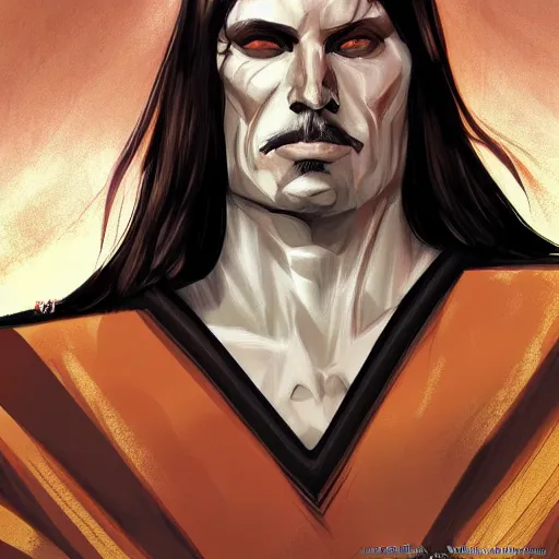 Image similar to a portrait of Vlad III as drawn by Stjepan Sejic, warm tones humor