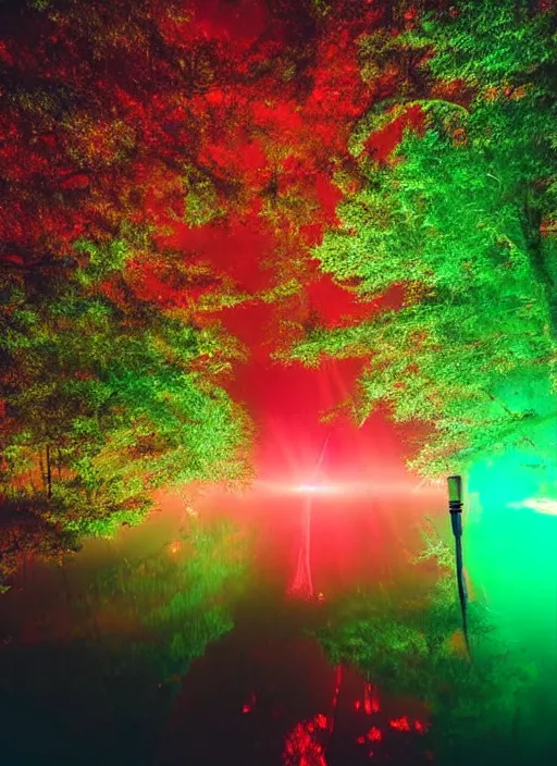 Image similar to photography at night of an ethereal red pond, a central sunlight glare, mystical lights, cyber futuristic lights in the sky, masterpiece, epic, cinematic, hyperealistic photo, high detailed, flashlight at night