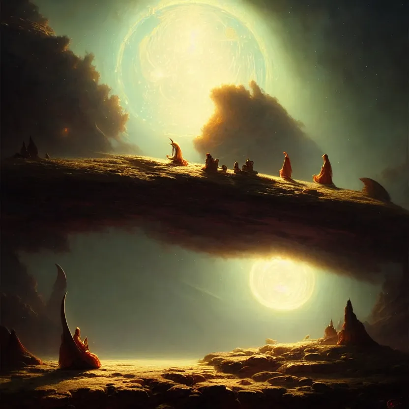 Image similar to giant shining crescent in a magic fluffy persian carpet dimension, by greg rutkowski and gaston bussiere, dim lighting, beautiful volumetric - lighting - style atmosphere, surreal atmosphere, intricate, detailed, photorealistic imagery, artstation