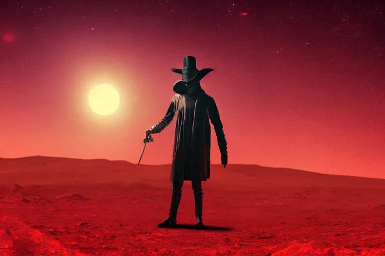 Image similar to A plague doctor standing on mars looking at camera, distant background, red lighting, ominous, gloomy, moonlight, bokeh, synthwave, psychedelic, glitch, acrylic, flooko, detailed, cybernetic, sci-fi, glows,