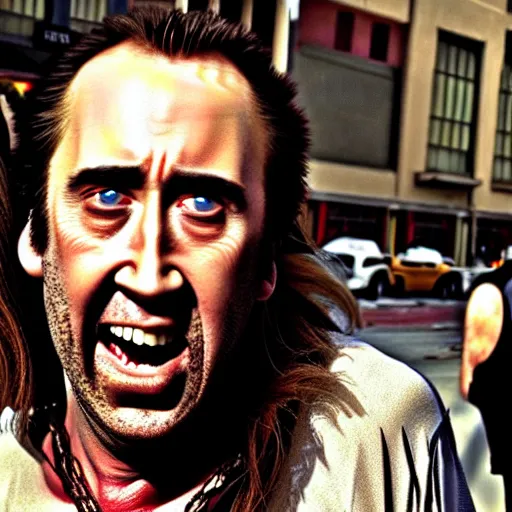 Image similar to uhd candid photo of dirty, homeless nicholas cage ranting maniacally in the street. skid row. correct face, accurate face, exaggerated features, intricate details, hyperdetailed, accurate face. photo by annie leibowitz