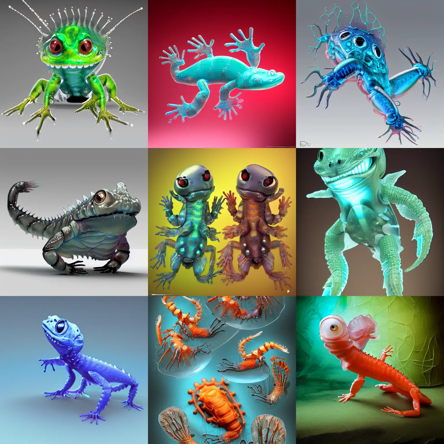 Prompt: cute! biomechanical baby gecko, ghost shrimp, deepsea, wrinkled, by david lachapelle, ghost shrimp, Barreleye fish, translucent SSS xray, Barreleye, rimlight, jelly fish dancing, fighting, bioluminescent screaming pictoplasma characterdesign toydesign toy monster creature, zbrush, octane, hardsurface modelling, artstation, cg society, by greg rutkowksi, by Eddie Mendoza, by Peter mohrbacher, by tooth wu, cyberpunk