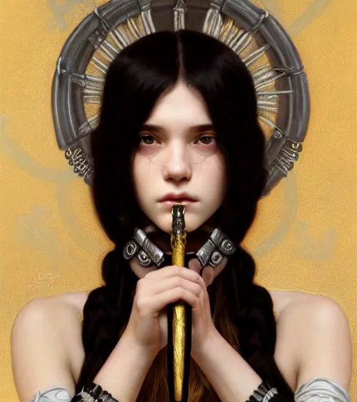 Image similar to portrait of teenage athena holding a dagger, stern expression, long ivory hair, wearing clothing of leather and fur, fringe, bone jewelry, intricate, elegant, leather jewelry, glowing lights, highly detailed, digital painting, artstation, concept art, smooth, sharp focus, illustration, art by wlop, mucha, artgerm, and greg rutkowski