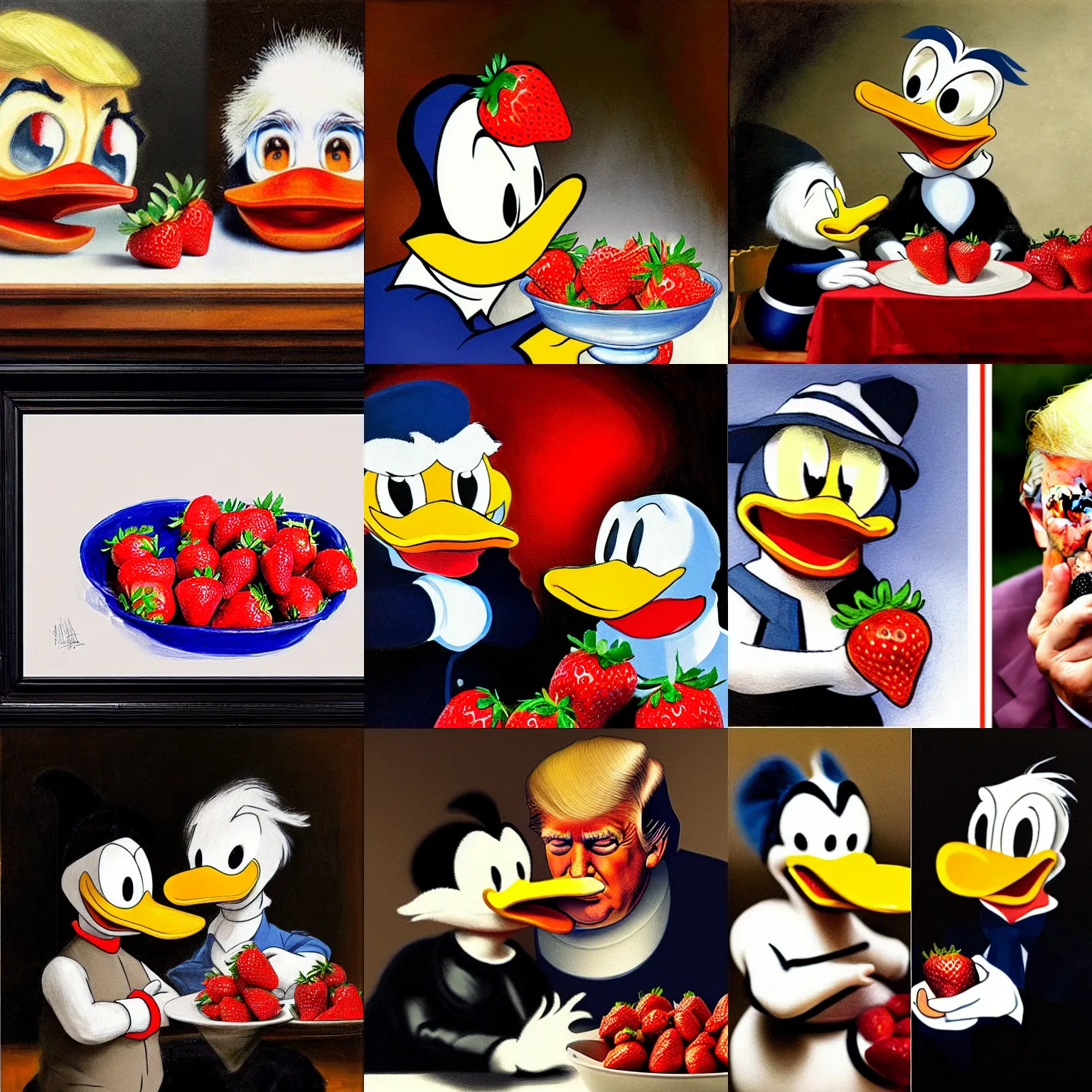 Prompt: two shot angle donald trump and real - life donald duck eating strawberries together, painted by rembrandt