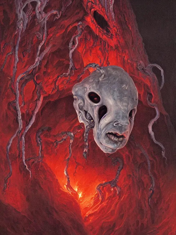 Image similar to wayne barlowe painting of a flying sorrowful looking severed human head with tears running down it's eyes, face that is chalk white in color, with long white tentacles stemming from it's neck, fiery scorching red eyes, background sprawling terrifying hellish cave with lava flowing through it's walls, 4 k