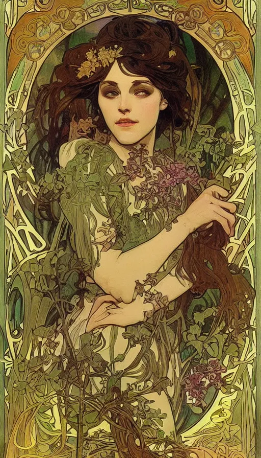 Prompt: concept art, lush forest, magic, gnarly details, gold, gems, dramatic lighting, denoised, painted by alphonse mucha