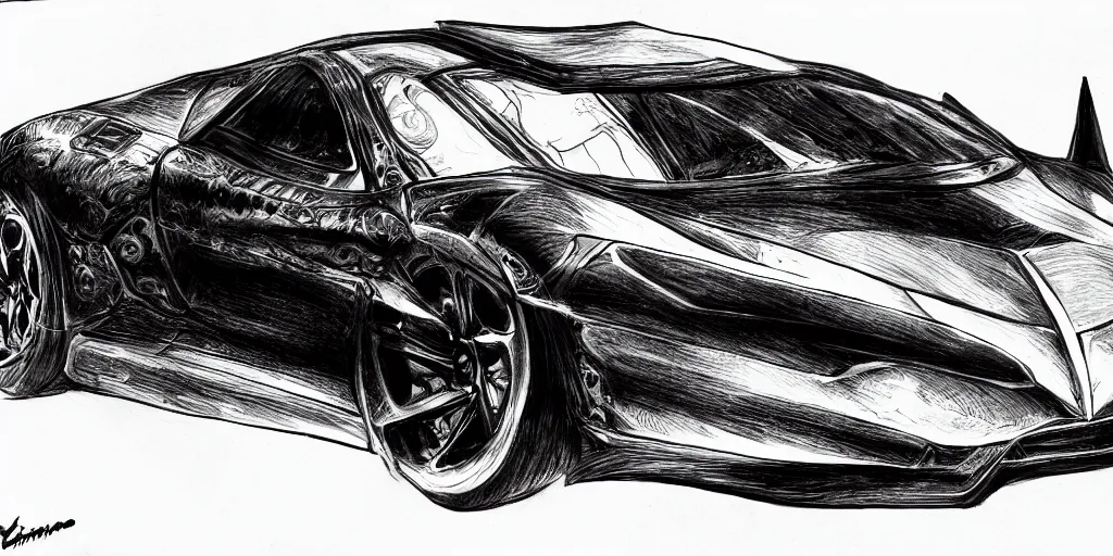 Image similar to ballpoint pen drawing of the batmobile, batman, arkham knight